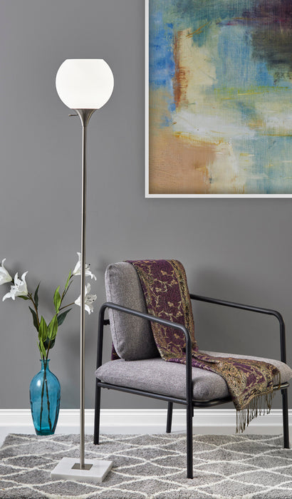 Adesso Brushed Steel Fiona Torchiere-White Opal Glass Globe Shade And 60 Inch Clear Cord And 3-Way Rotary Switch On Socket (5179-22)