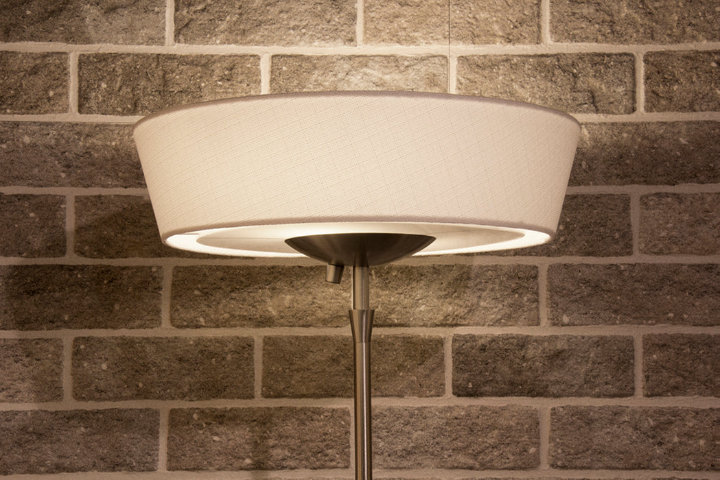 Adesso Brushed Steel Harper 300W Torchiere-White Linen-Frosted Diffuser Short Modified Drum Shade-60 Inch Black Cord-Low/High/Off Rotary Switch (5169-02)