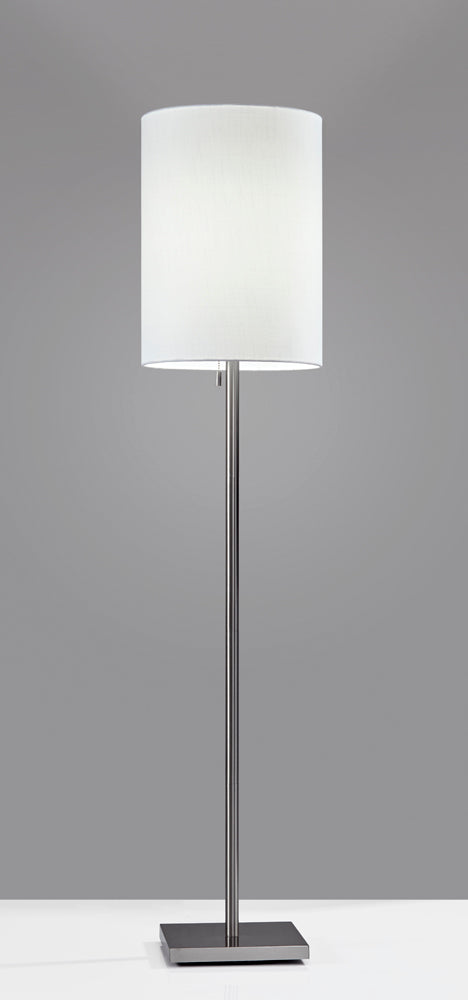 Adesso Brushed Steel Liam Floor Lamp-White Textured Fabric Tall Drum Shade And 72 Inch Clear Cord And On/Off Pull Chain Switch (1547-22)