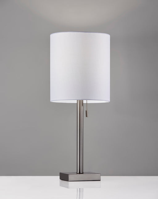 Adesso Brushed Steel Liam Table Lamp-White Textured Fabric Tall Drum Shade And 60 Inch Clear Cord And On/Off Pull Chain Switch (1546-22)