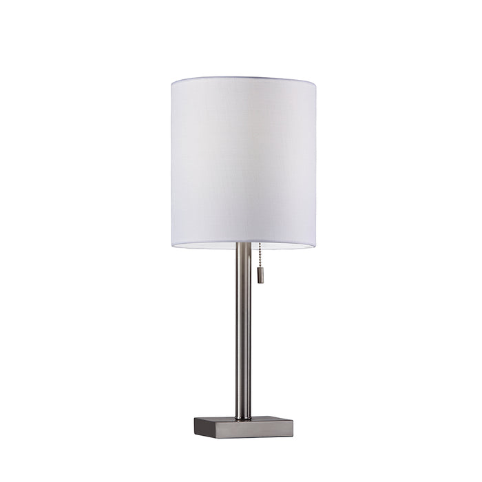 Adesso Brushed Steel Liam Table Lamp-White Textured Fabric Tall Drum Shade And 60 Inch Clear Cord And On/Off Pull Chain Switch (1546-22)