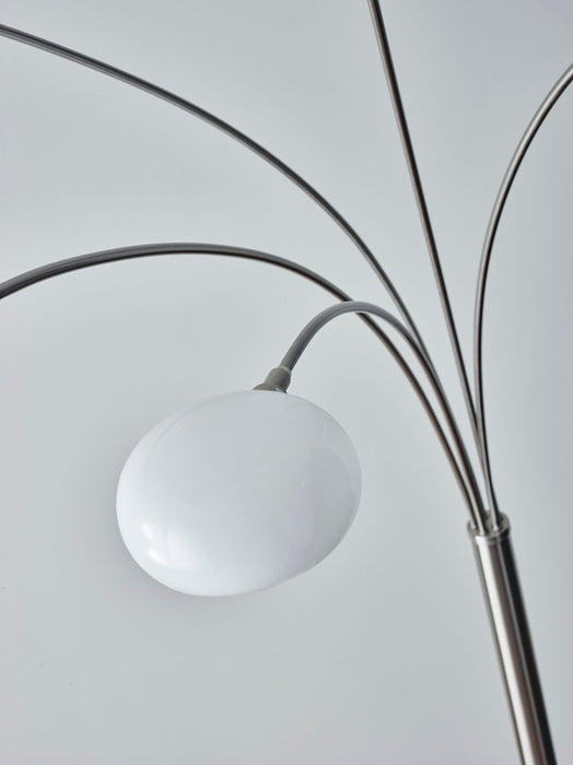 Adesso Brushed Steel Luna Arc Lamp-5 White Milk Glass Globe Shade And 60 Inch Clear Cord And Full Range Dimmer Knob Switch On Pole (3346-22)
