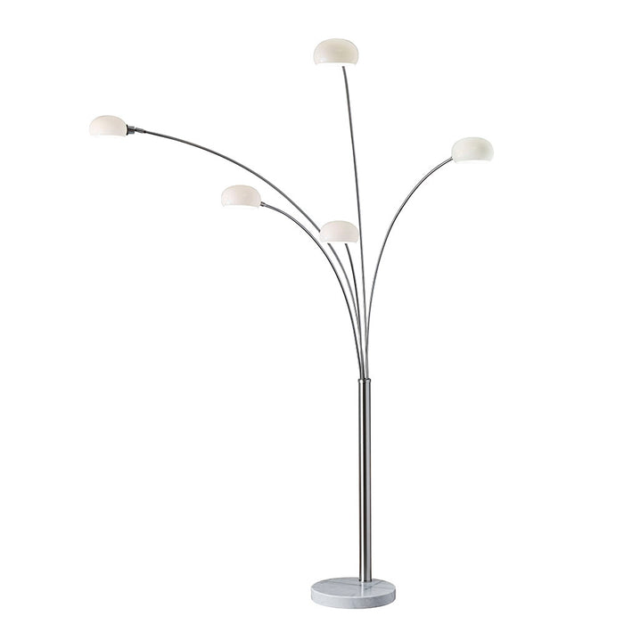 Adesso Brushed Steel Luna Arc Lamp-5 White Milk Glass Globe Shade And 60 Inch Clear Cord And Full Range Dimmer Knob Switch On Pole (3346-22)