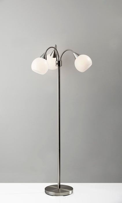 Adesso Brushed Steel Phillip 3-Arm Floor Lamp-White Plastic Globe Shade And 72 Inch Clear Cord And On/Off Pull Chain Switch (1534-22)