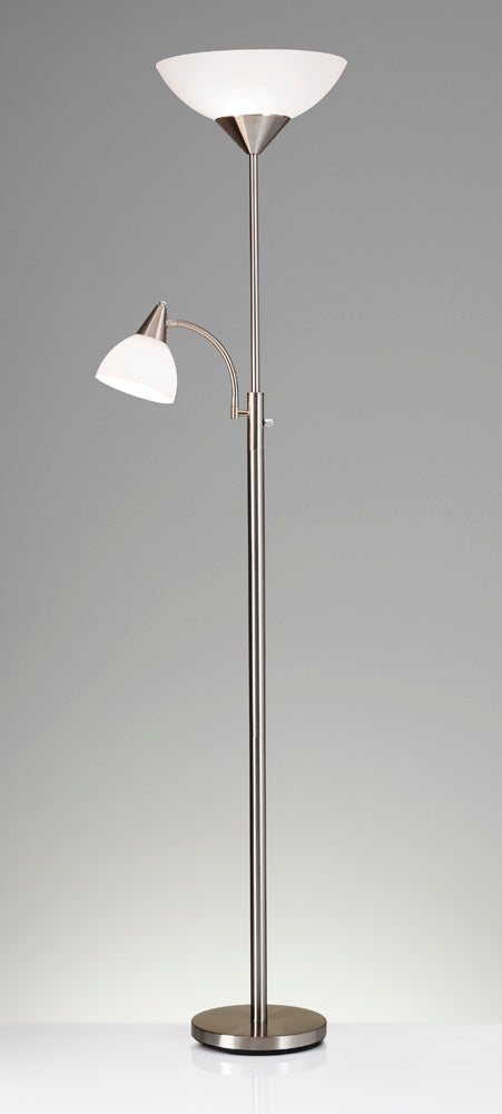 Adesso Brushed Steel Piedmont 300W Combination Torchiere-White Plastic Bowl Shade-60 Inch Clear Cord-4-Way Switch On Pole Uplight On-Reading Light On-Both Lights On-All Off (7202-22)