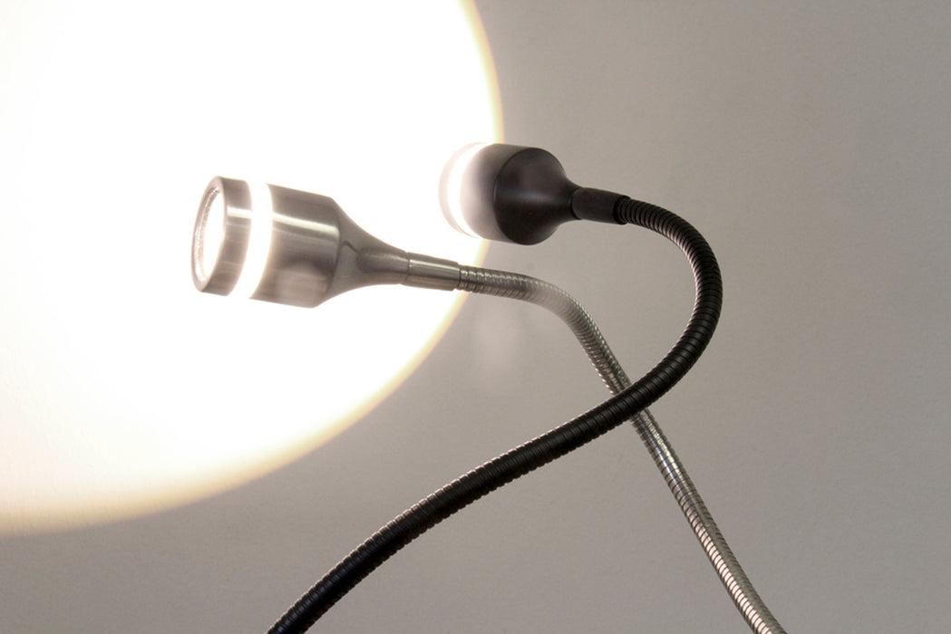 Adesso Brushed Steel Prospect LED Desk Lamp-Metal-Convex Glass Magnifier Bulb Shield Cylinder Shade-60 Inch Black Fabric Covered Cord-Rubber Push Switch On Base (3218-22)