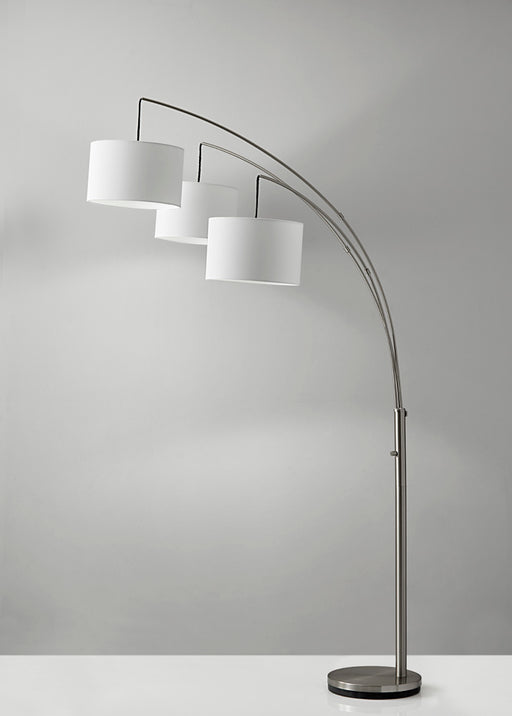 Adesso Brushed Steel Trinity Arc Lamp-3 White Linen Drums Shade And 60 Inch Clear Cord And 4-Way Rotary Switch (4238-22)
