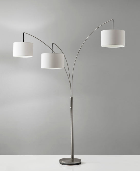 Adesso Brushed Steel Trinity Arc Lamp-3 White Linen Drums Shade And 60 Inch Clear Cord And 4-Way Rotary Switch (4238-22)