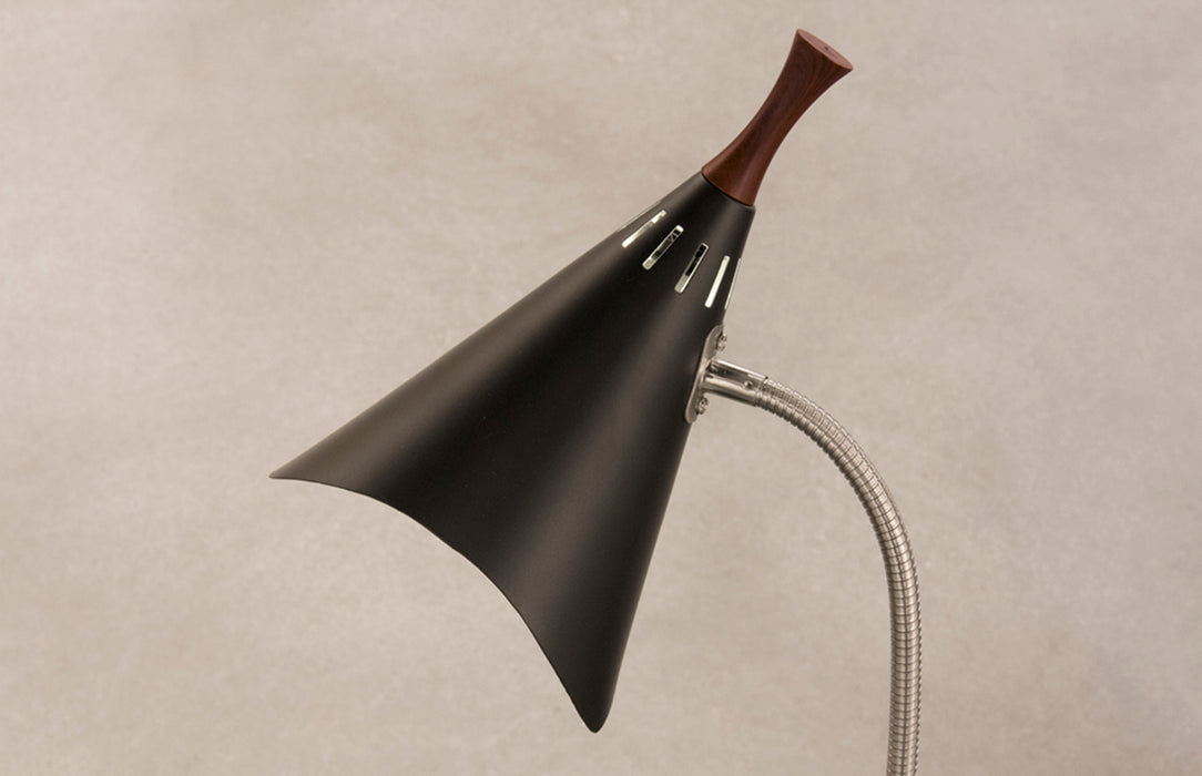 Adesso Brushed Steel/Black Painted-Wood Accent Draper Gooseneck Desk Lamp-Black Painted Metal Cone Shade-60 Inch Black Cord-On/Off Toggle Switch (3234-01)