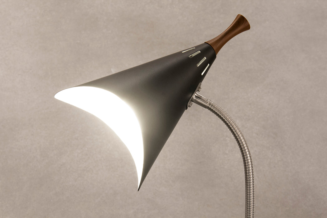 Adesso Brushed Steel/Black Painted-Wood Accent Draper Gooseneck Desk Lamp-Black Painted Metal Cone Shade-60 Inch Black Cord-On/Off Toggle Switch (3234-01)