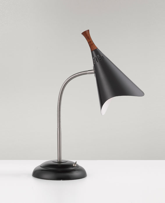 Adesso Brushed Steel/Black Painted-Wood Accent Draper Gooseneck Desk Lamp-Black Painted Metal Cone Shade-60 Inch Black Cord-On/Off Toggle Switch (3234-01)