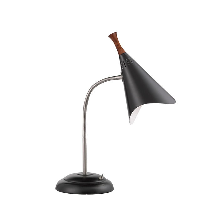 Adesso Brushed Steel/Black Painted-Wood Accent Draper Gooseneck Desk Lamp-Black Painted Metal Cone Shade-60 Inch Black Cord-On/Off Toggle Switch (3234-01)
