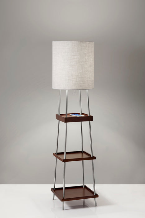Adesso Brushed Steel/Walnut Poplar Wood Henry Adesso Charge Shelf Floor Lamp-Light Natural Textured Fabric Tall Drum Shade-63 Inch Clear Cord-On/Off Pull Chain (3459-15)