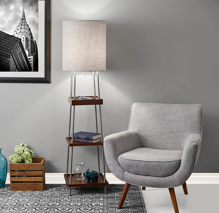 Adesso Brushed Steel/Walnut Poplar Wood Henry Adesso Charge Shelf Floor Lamp-Light Natural Textured Fabric Tall Drum Shade-63 Inch Clear Cord-On/Off Pull Chain (3459-15)