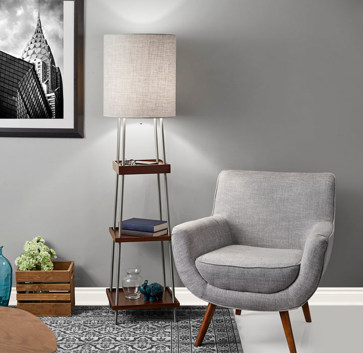 Adesso Brushed Steel/Walnut Poplar Wood Henry Adesso Charge Shelf Floor Lamp-Light Natural Textured Fabric Tall Drum Shade-63 Inch Clear Cord-On/Off Pull Chain (3459-15)