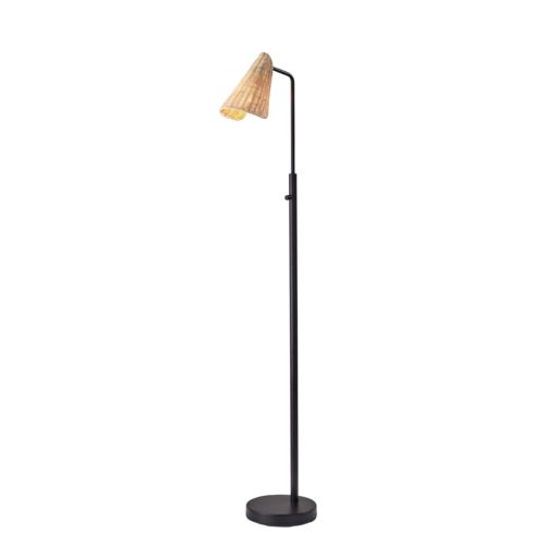 Adesso Cove Floor Lamp Black With Natural Rattan Cone Shade (5113-01)