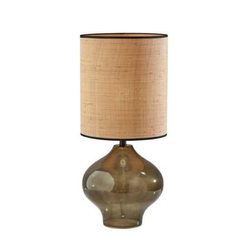 Adesso Emma Large Table Lamp Dark Green Glass And Black Neck With Natural Woven Rattan/Black Trim Tall Drum Shade (1624-05)