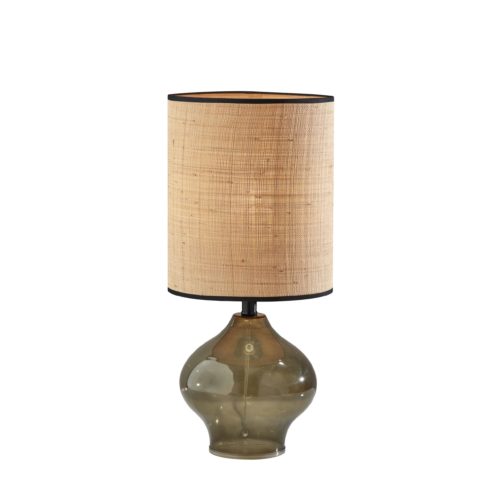 Adesso Emma Table Lamp Dark Green Glass And Black Neck With Natural Woven Rattan/Black Trim Tall Drum Shade (1623-05)