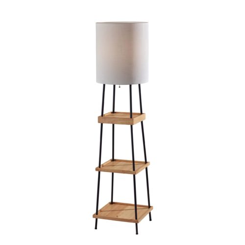 Adesso Henry Adessocharge Shelf Floor Lamp Black Finish With Natural Wood With White Linen Drum Shade (3459-12)