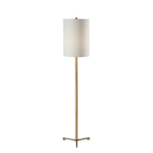 Adesso Maddox Floor Lamp Natural Wood And Antique Brass With White Textured Fabric Tall Drum Shade (1620-12)