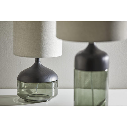 Adesso Marina Tall Table Lamp Black Rubberwood With Smoked Glass Light Grey Textured Fabric (3527-01)