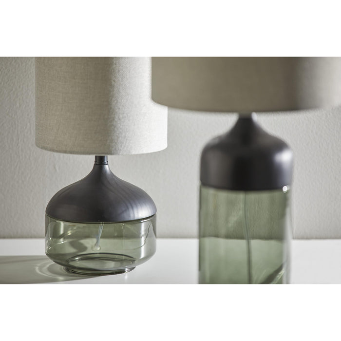 Adesso Marina Tall Table Lamp Black Rubberwood With Smoked Glass Light Grey Textured Fabric (3527-01)