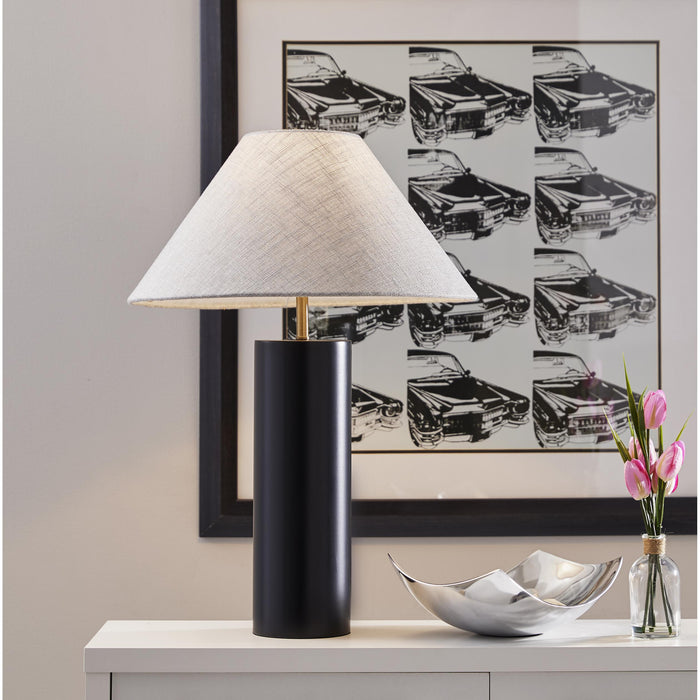 Adesso Martin Table Lamp Black Poplar Wood With Antique Brass Accent Light Grey Textured Fabric (1509-01)