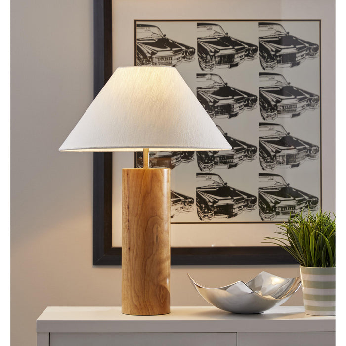 Adesso Martin Table Lamp Natural Oak Wood With Antique Brass Accent White Textured Fabric (1509-12)