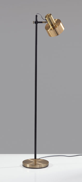 Adesso Matte Black And Antique Brass Clayton Floor Lamp-Antique Brass Bell Shade-63 Inch Black And White Fabric Covered Cord-On/Off Rotary Switch On Shade (3587-01)