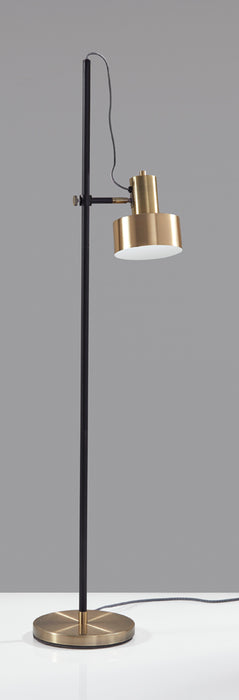 Adesso Matte Black And Antique Brass Clayton Floor Lamp-Antique Brass Bell Shade-63 Inch Black And White Fabric Covered Cord-On/Off Rotary Switch On Shade (3587-01)