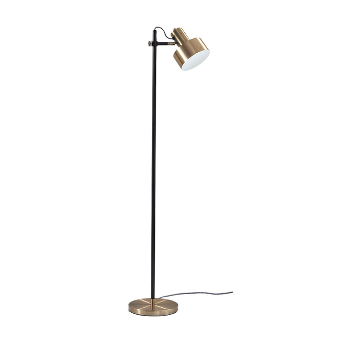 Adesso Matte Black And Antique Brass Clayton Floor Lamp-Antique Brass Bell Shade-63 Inch Black And White Fabric Covered Cord-On/Off Rotary Switch On Shade (3587-01)