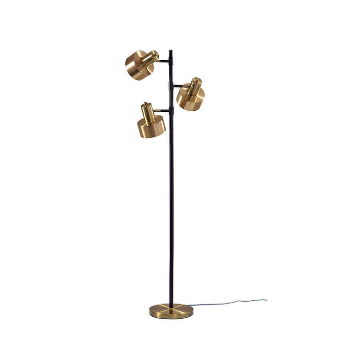 Adesso Matte Black And Antique Brass Clayton Tree Lamp-Antique Brass Bell Shade-63 Inch Black And White Fabric Covered Cord-3XOn/Off Rotary Switch On Shade (3588-01)