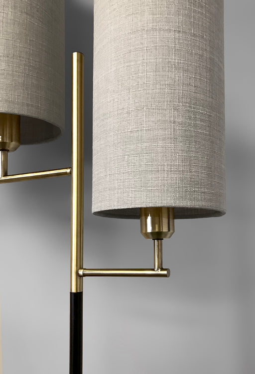 Adesso Matte Black And Antique Brass Davis Floor Lamp-Natural Textured Fabric Tall Drum Shade-63 Inch Clear Cord-2XOn/Off Rotary Socket Switch (3474-01)