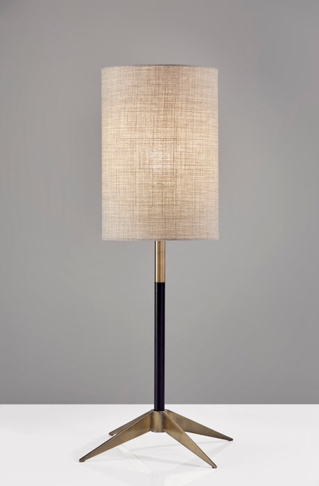 Adesso Matte Black And Antique Brass Davis Table Lamp-Natural Textured Fabric Tall Drum Shade-63 Inch Clear Cord-On/Off Rotary Socket Switch (3473-01)