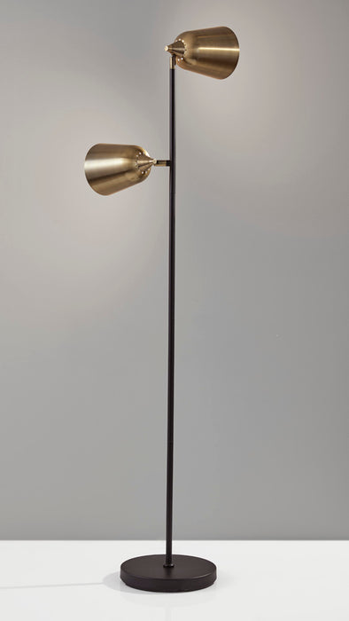 Adesso Matte Black And Antique Brass Malcolm Floor Lamp-Antique Brass Bell Shade-71 Inch Clear Cord-On/Off Rotary Switch On Each Shade (3237-01)