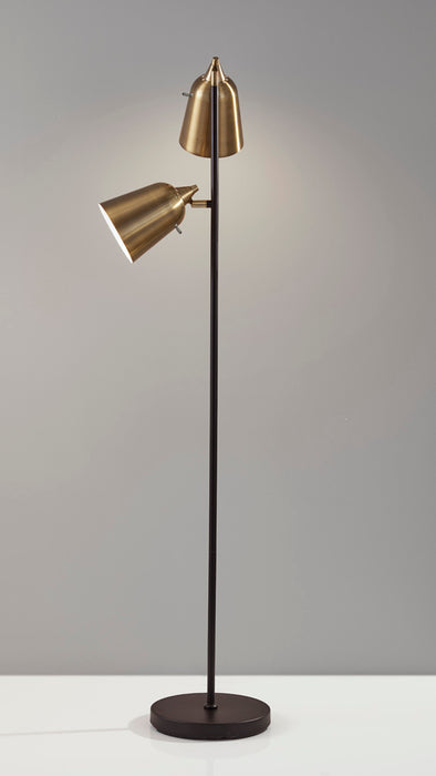 Adesso Matte Black And Antique Brass Malcolm Floor Lamp-Antique Brass Bell Shade-71 Inch Clear Cord-On/Off Rotary Switch On Each Shade (3237-01)