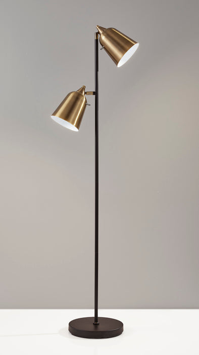 Adesso Matte Black And Antique Brass Malcolm Floor Lamp-Antique Brass Bell Shade-71 Inch Clear Cord-On/Off Rotary Switch On Each Shade (3237-01)