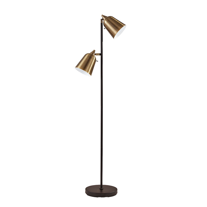 Adesso Matte Black And Antique Brass Malcolm Floor Lamp-Antique Brass Bell Shade-71 Inch Clear Cord-On/Off Rotary Switch On Each Shade (3237-01)