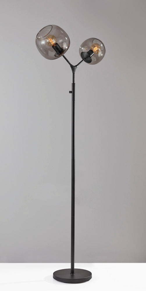 Adesso Matte Black Ashton Tall Floor Lamp-Smoked Glass Irregular Globe Shade-71 Inch Black Fabric Covered Cord-On/Off In-Line Switch (3439-01)