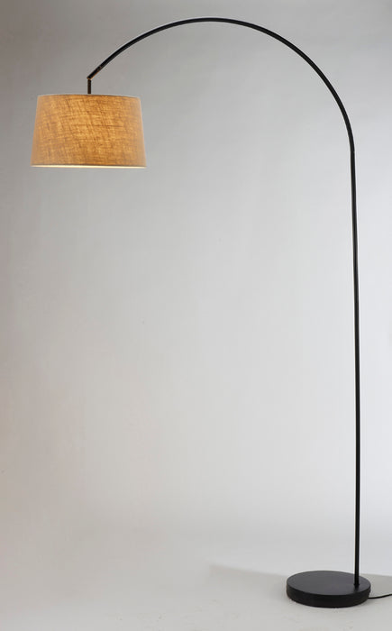 Adesso Matte Black Goliath Arc Lamp-Taupe Burlap Weave Modified Drum Shade And 60 Inch Black Cord And Foot Step Switch (5098-01)