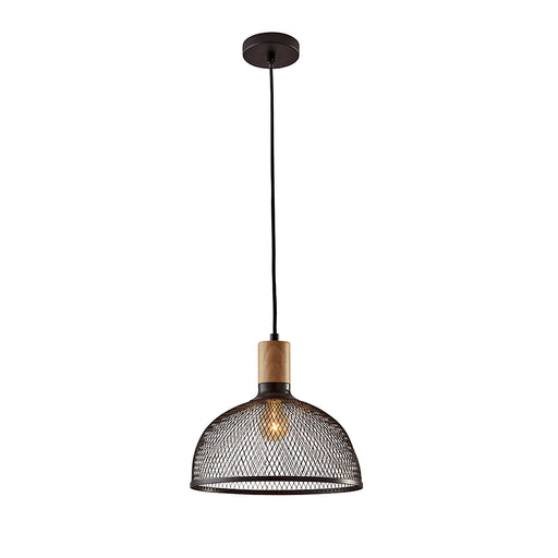 Adesso Matte Black And Natural Rubber Wood Dale Large Pendant-Matte Black Metal Wire Dome Shade-72 Inch Black Fabric Covered Cord-On/Off In-Line Switch (6268-01)