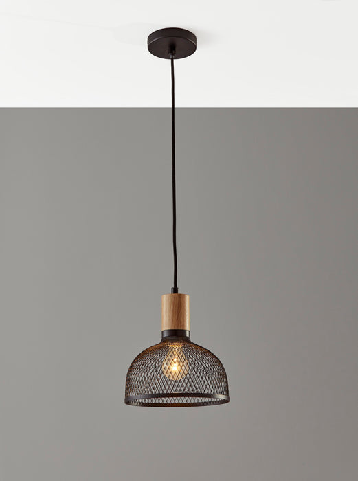 Adesso Matte Black And Natural Rubber Wood Dale Small Pendant-Matte Black Metal Wire Dome Shade-72 Inch Black Fabric Covered Cord-N/A (6267-01)