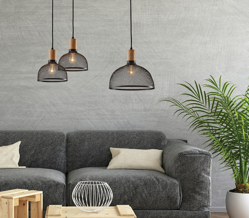 Adesso Matte Black And Natural Rubber Wood Dale Small Pendant-Matte Black Metal Wire Dome Shade-72 Inch Black Fabric Covered Cord-N/A (6267-01)