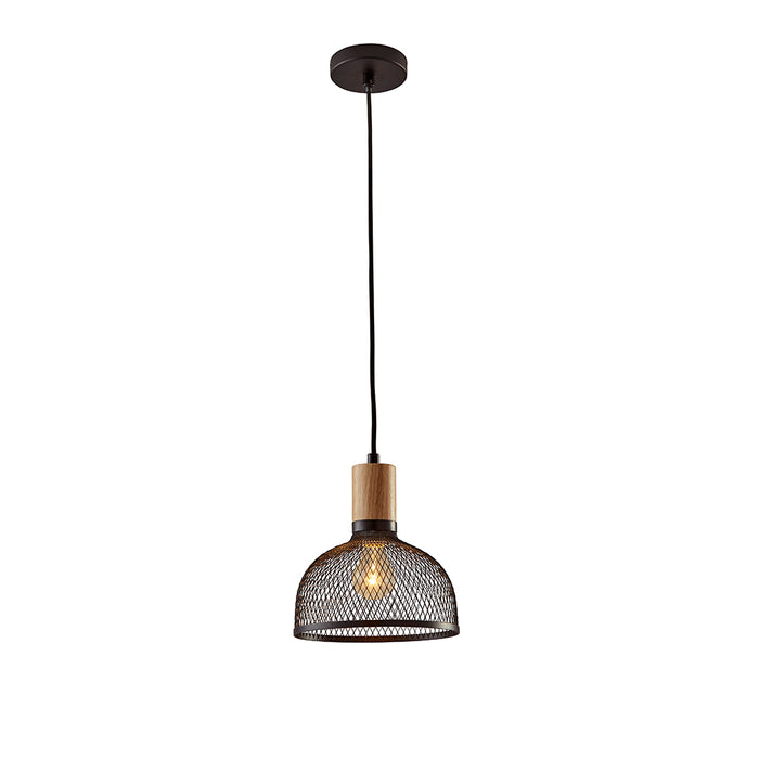 Adesso Matte Black And Natural Rubber Wood Dale Small Pendant-Matte Black Metal Wire Dome Shade-72 Inch Black Fabric Covered Cord-N/A (6267-01)