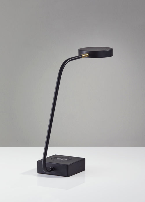 Adesso Matte Black-Antique Brass Accents Conrad LED Adesso Charge Desk Lamp-Matte Black Metal Puck Shade-63 Inch Black Fabric Covered Cord-On/Off Rotary Switch (3618-01)