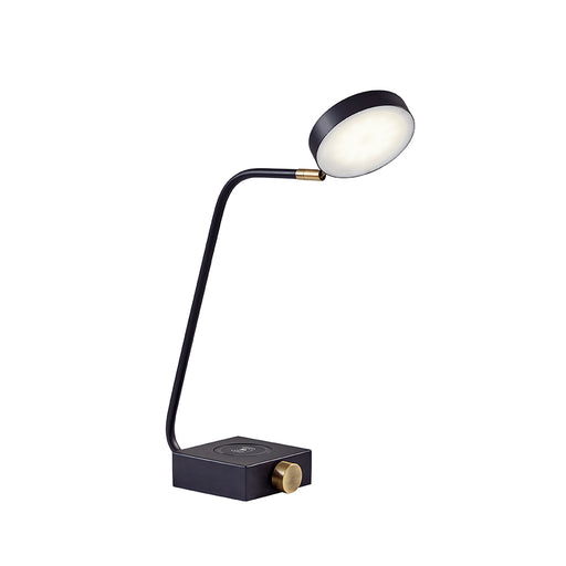 Adesso Matte Black-Antique Brass Accents Conrad LED Adesso Charge Desk Lamp-Matte Black Metal Puck Shade-63 Inch Black Fabric Covered Cord-On/Off Rotary Switch (3618-01)