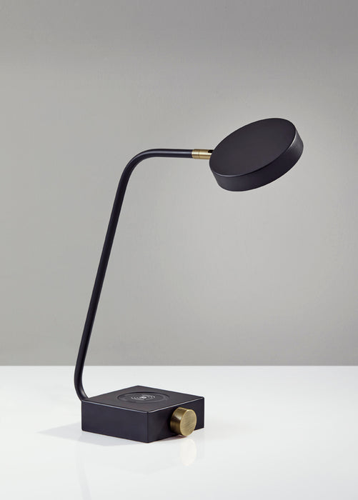 Adesso Matte Black-Antique Brass Accents Conrad LED Adesso Charge Desk Lamp-Matte Black Metal Puck Shade-63 Inch Black Fabric Covered Cord-On/Off Rotary Switch (3618-01)