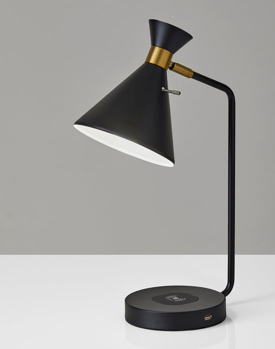 Adesso Matte Black-Antique Brass Accents Maxine Adesso Charge Desk Lamp-Matte Black Metal Shade-60 Inch Clear Cord-On/Off Rotary Socket Switch (4507-01)