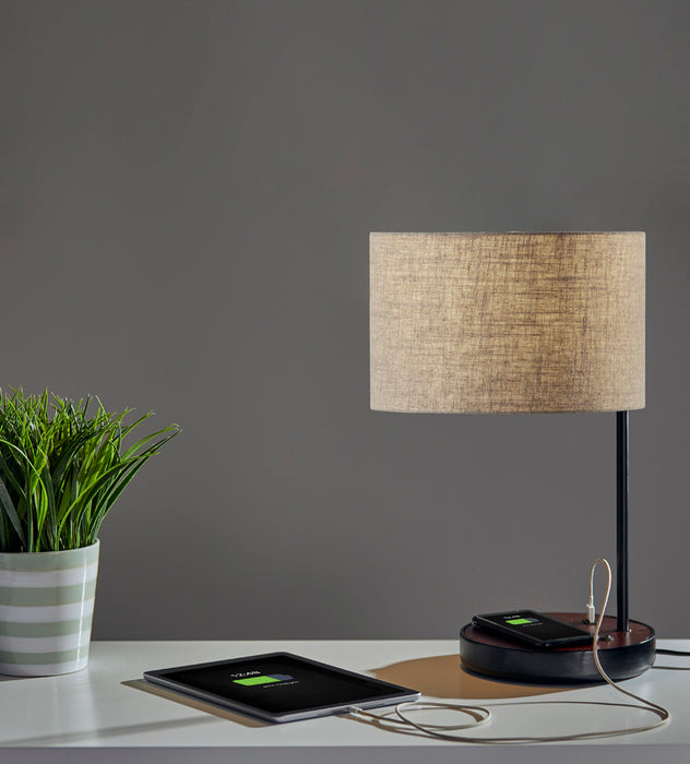 Adesso Matte Black/Walnut Poplar Wood Oliver Wireless Charging Table Lamp-Natural Textured Fabric Drum Shade-63 Inch Black Fabric Covered Cord-On/Off Rocker Switch (3689-01)