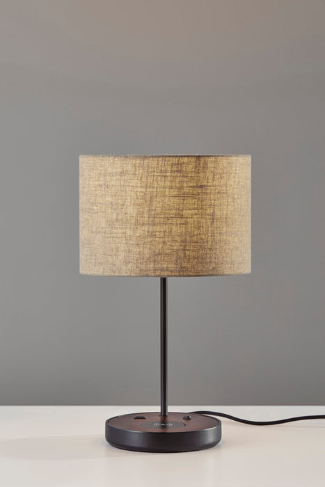 Adesso Matte Black/Walnut Poplar Wood Oliver Wireless Charging Table Lamp-Natural Textured Fabric Drum Shade-63 Inch Black Fabric Covered Cord-On/Off Rocker Switch (3689-01)